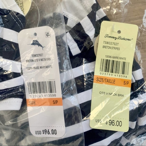 Tommy Bahama Breton Over-The-Shoulder V Neck Bra Bikini Top in Mare Navy/White - Picture 7 of 8